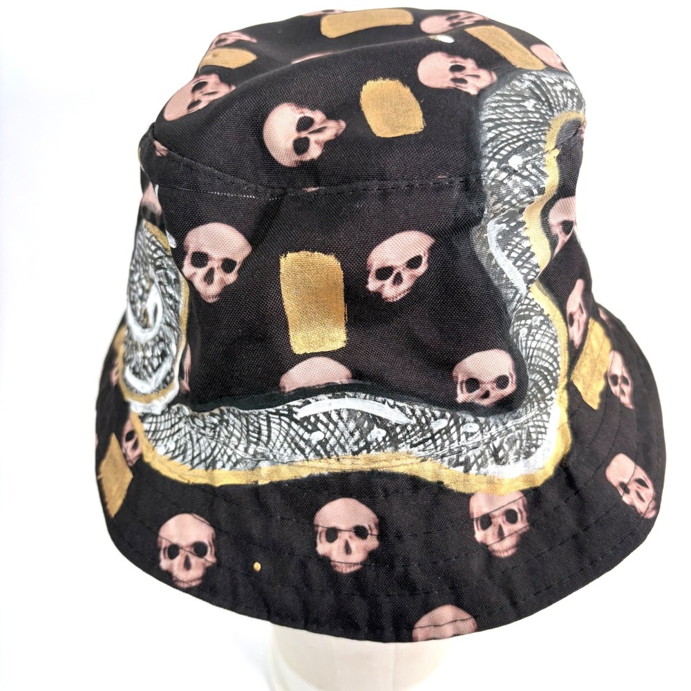 Labios De Ojo Bucket Hat Black Hand Painted Skull Snake Custom Edgy Streetwear - Picture 3 of 10